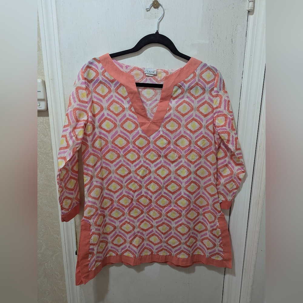 All For Color S/m Pink and Yellow 3/4 Sleeve Geometric Women's Tunic